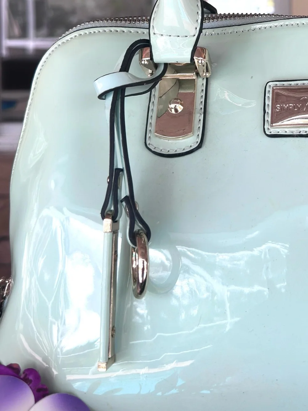 SIMPLY NOELLE ~ Mint Green Patent Sheen Dome Satchel w/Paisley Print Interior